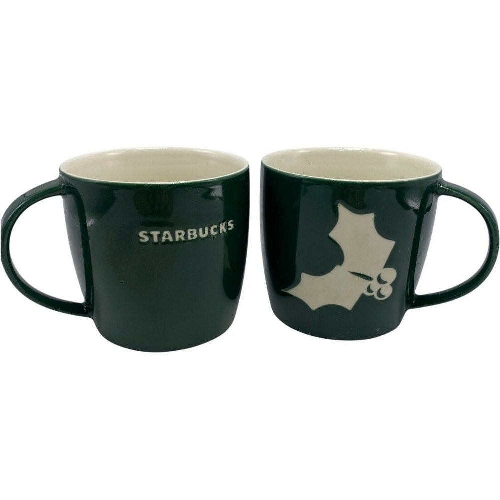 Starbucks 2011 Christmas Holly Green White Mugs 16oz Holiday Set Of 2